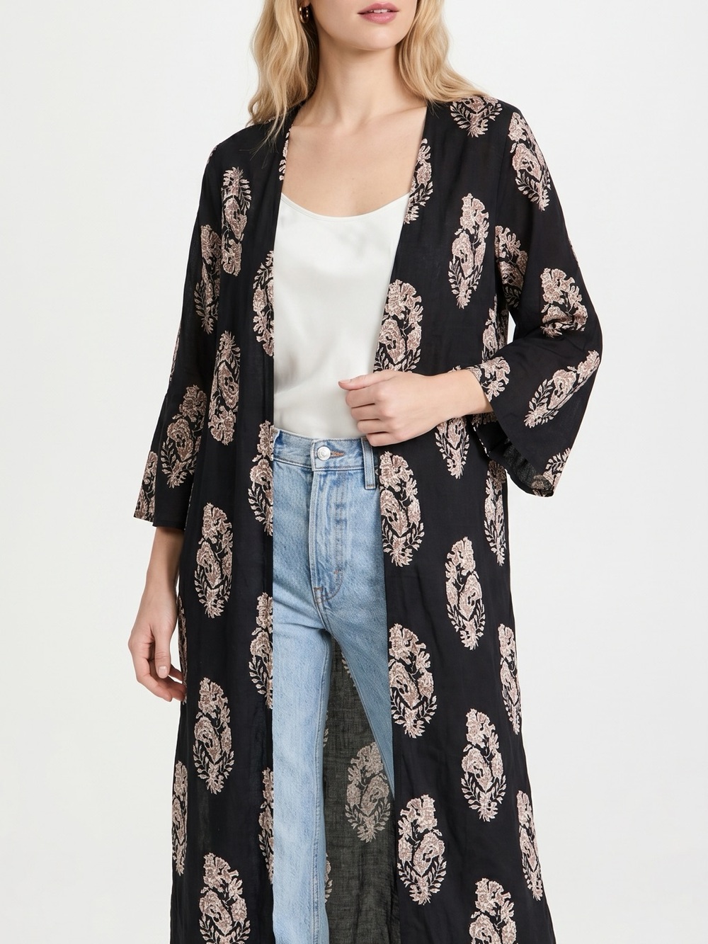 Black Floral Long Kimono Robe - Womens